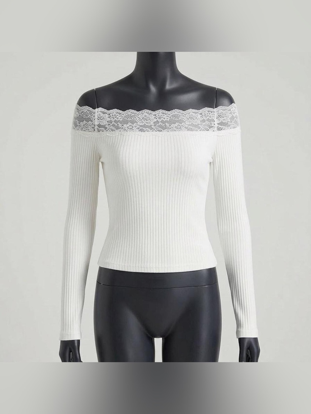 Fairycore White Ribbed Off-the-Shoulder Lace Trim Top M⁠ Coquette